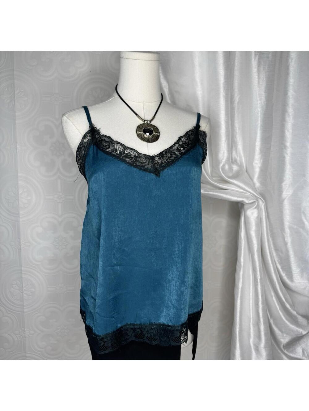 Urban Outfitters Teal Satin Cami Tank Top With Black Lace Details